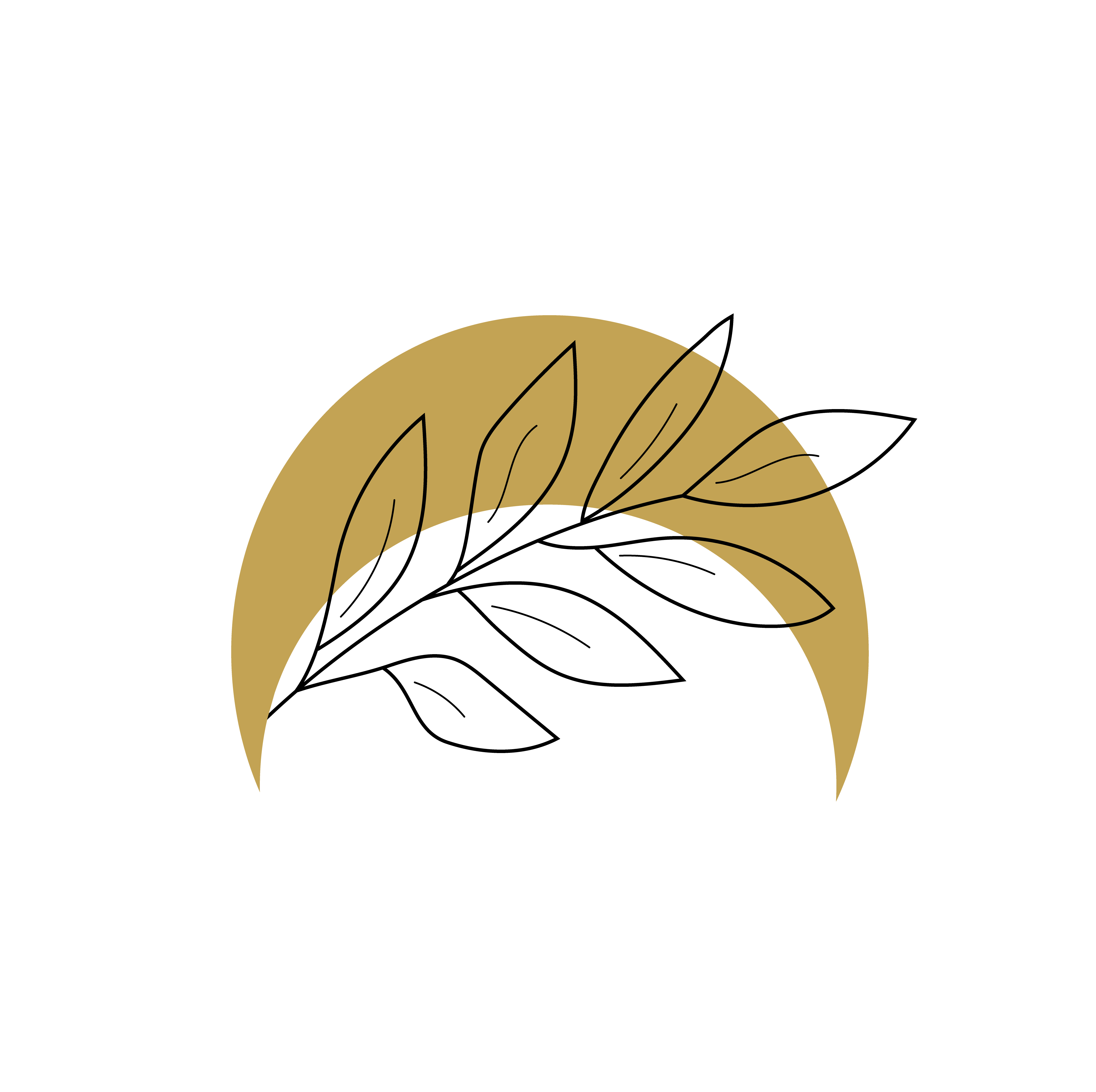 Decorative logo of a gold half moon with a black fern leaf on top