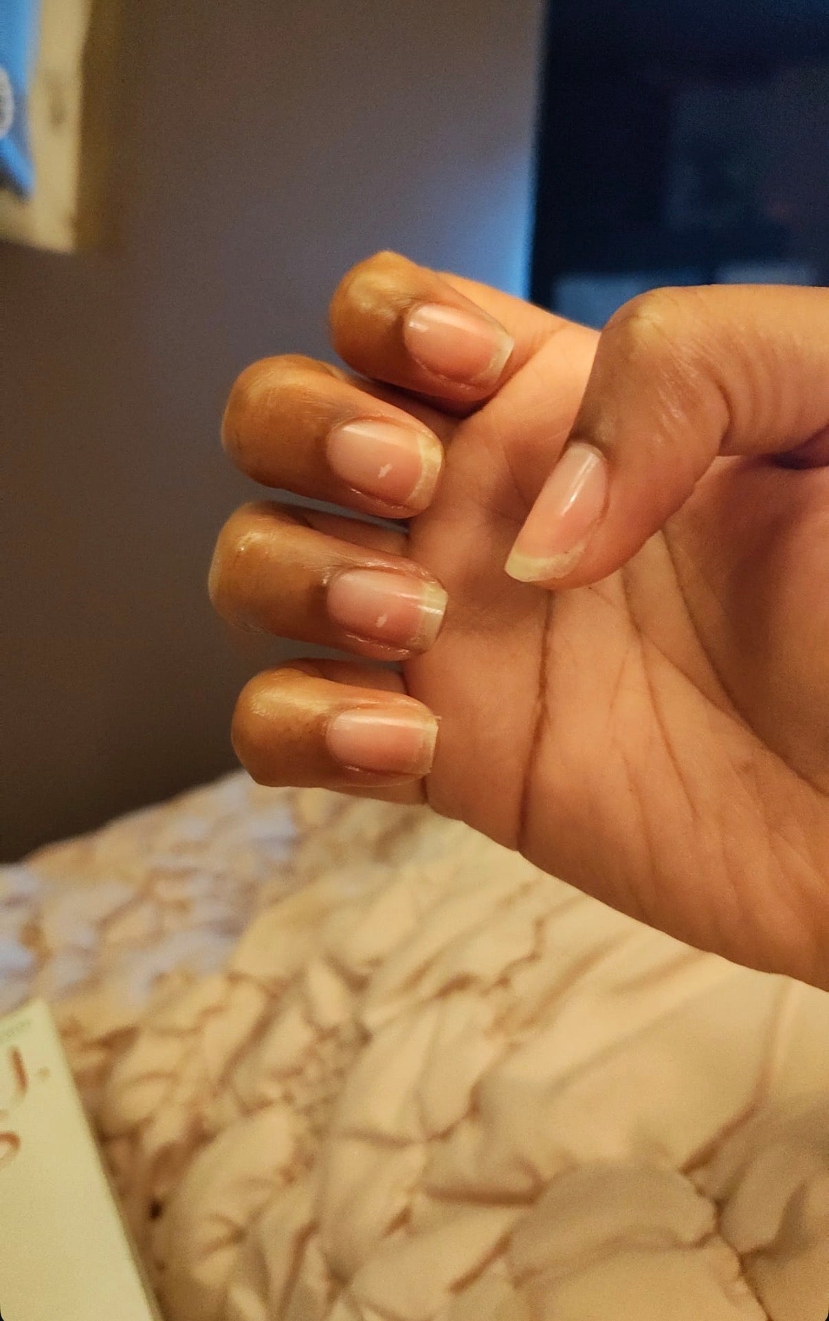 Close-up of a hand with neatly manicured nails on a blurred background